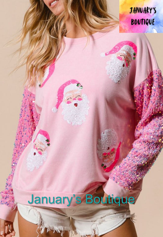 Women’s Pink Sequin Santa Top