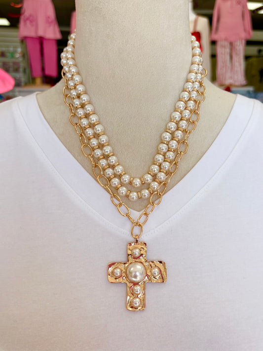 KK 3 Layered Pearl Cross Necklace Set
