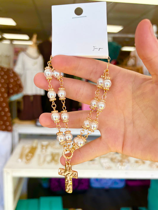 KK Layered Gold/ Pearl Cross Charm Bracelet