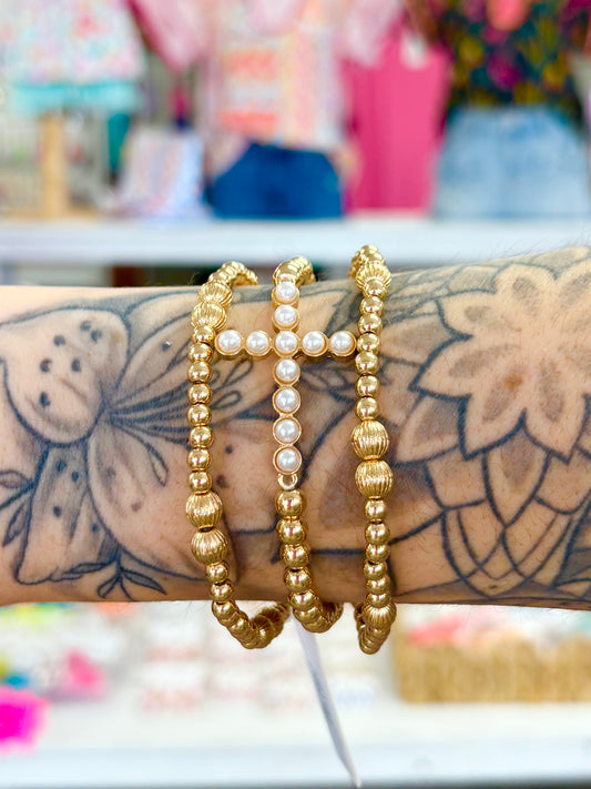 KK Pearl/Gold Beaded Pearl Bracelet Set