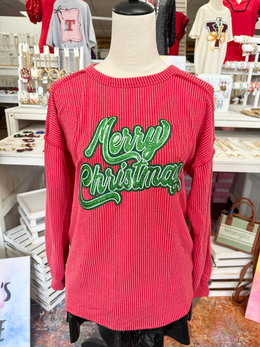 Women’s Sequin Merry Christmas Ribbed Top