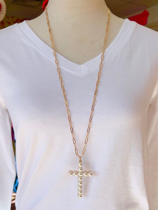 KK Gold Long Pearl Cross Necklace