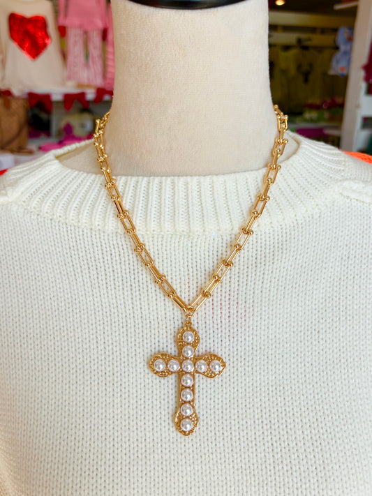 Gold Pearl Cross Pendant Chain Necklace