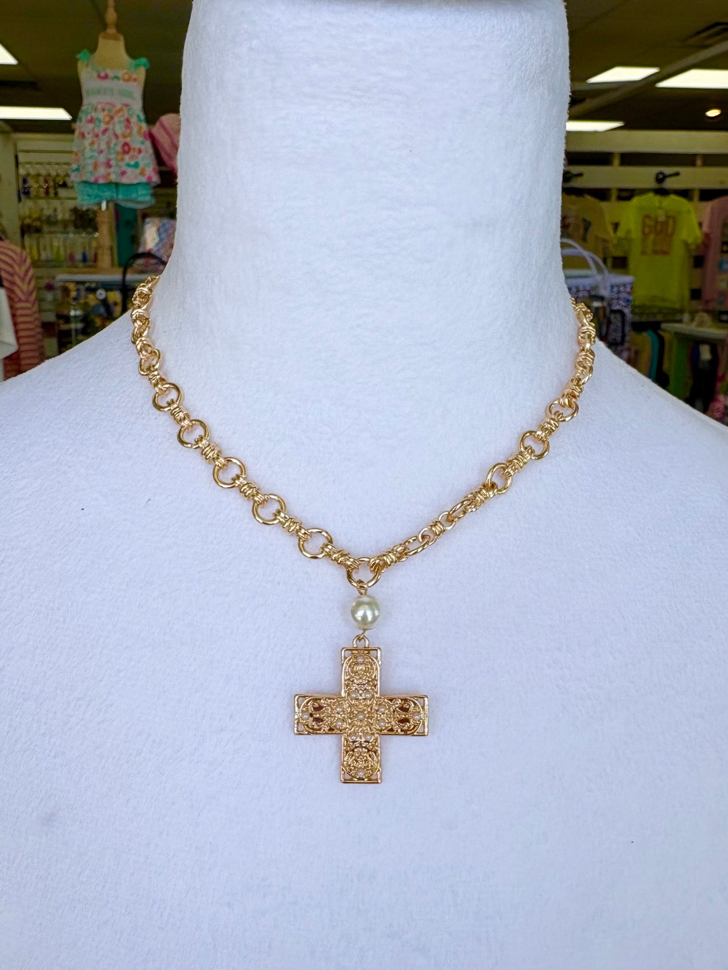 KK Gold Cross Pearl Chain Necklace