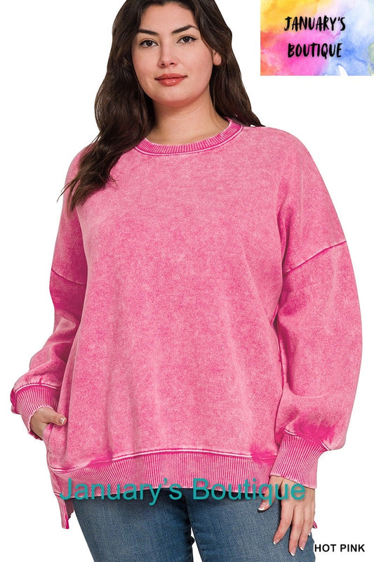 Women’s Plus Acid Washed Pullover~Hot Pink