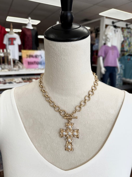 Cross with Pearls Gold Toggle Necklace