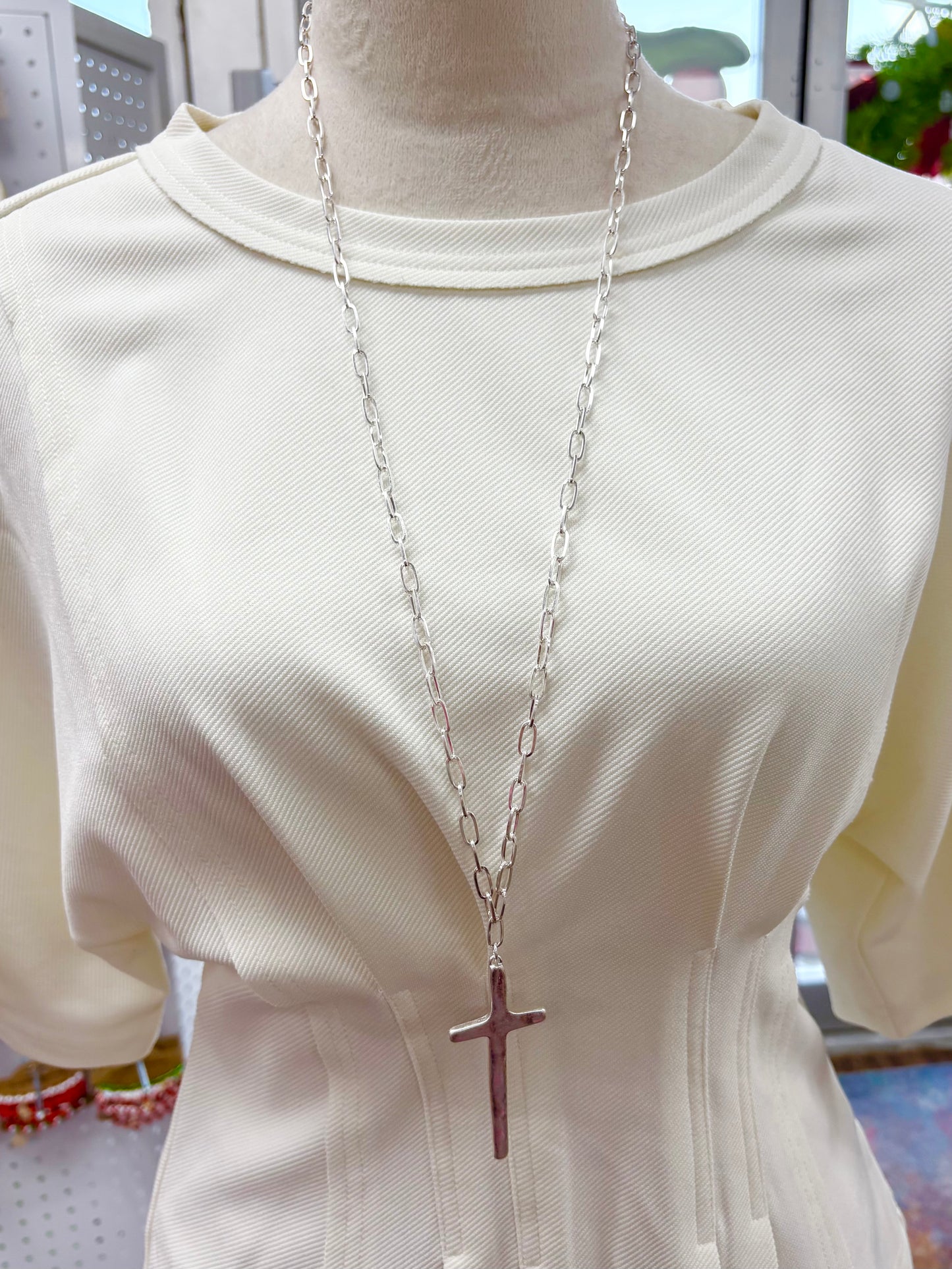 KK Long Silver Cross Chain Necklace