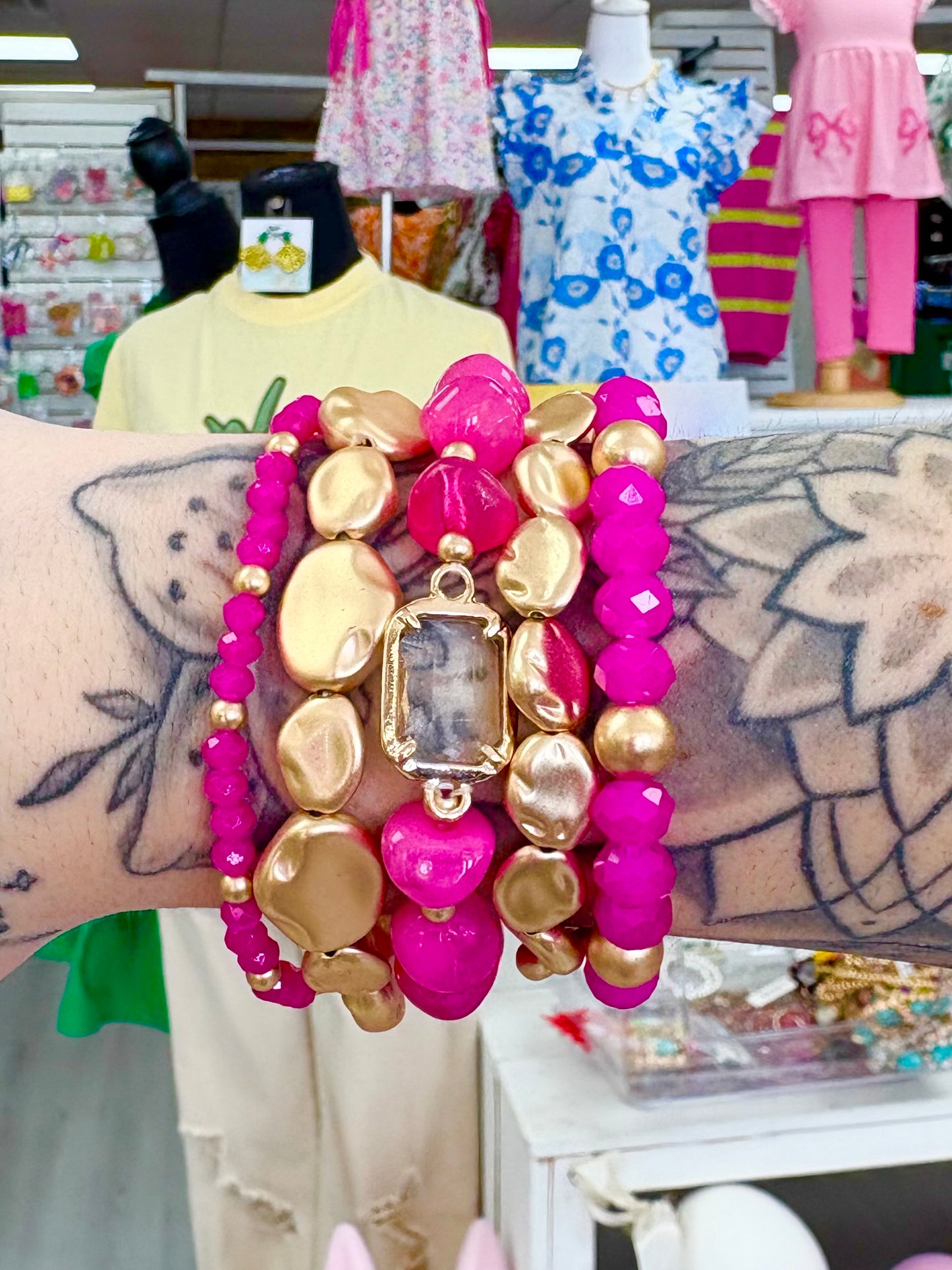 KK Hot Pink & Matte Gold Nugget Bracelet Set