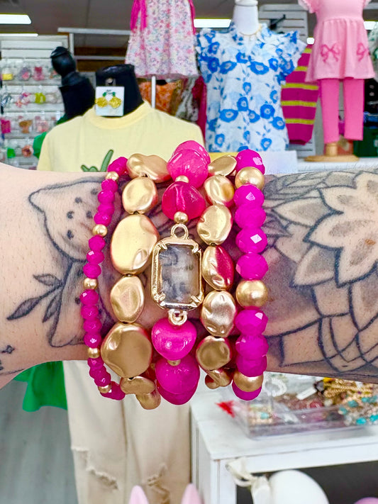 KK Hot Pink & Matte Gold Nugget Bracelet Set