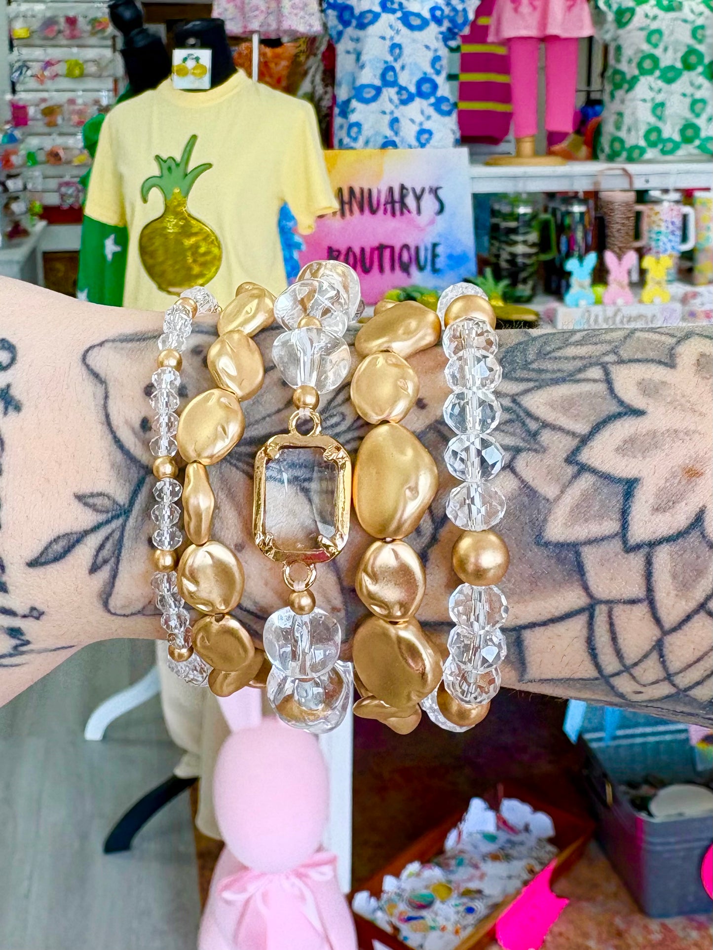 KK Clear & Matte Gold Nugget Bracelet Set