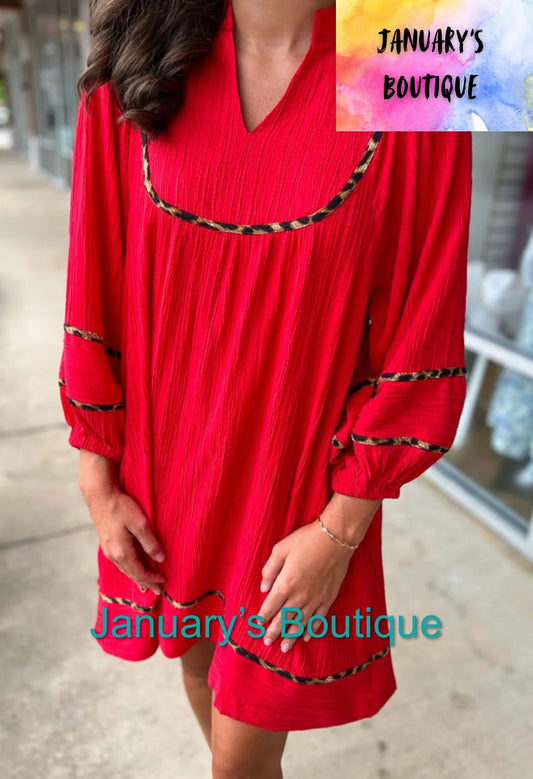 Women’s Red Leopard Trim Dress