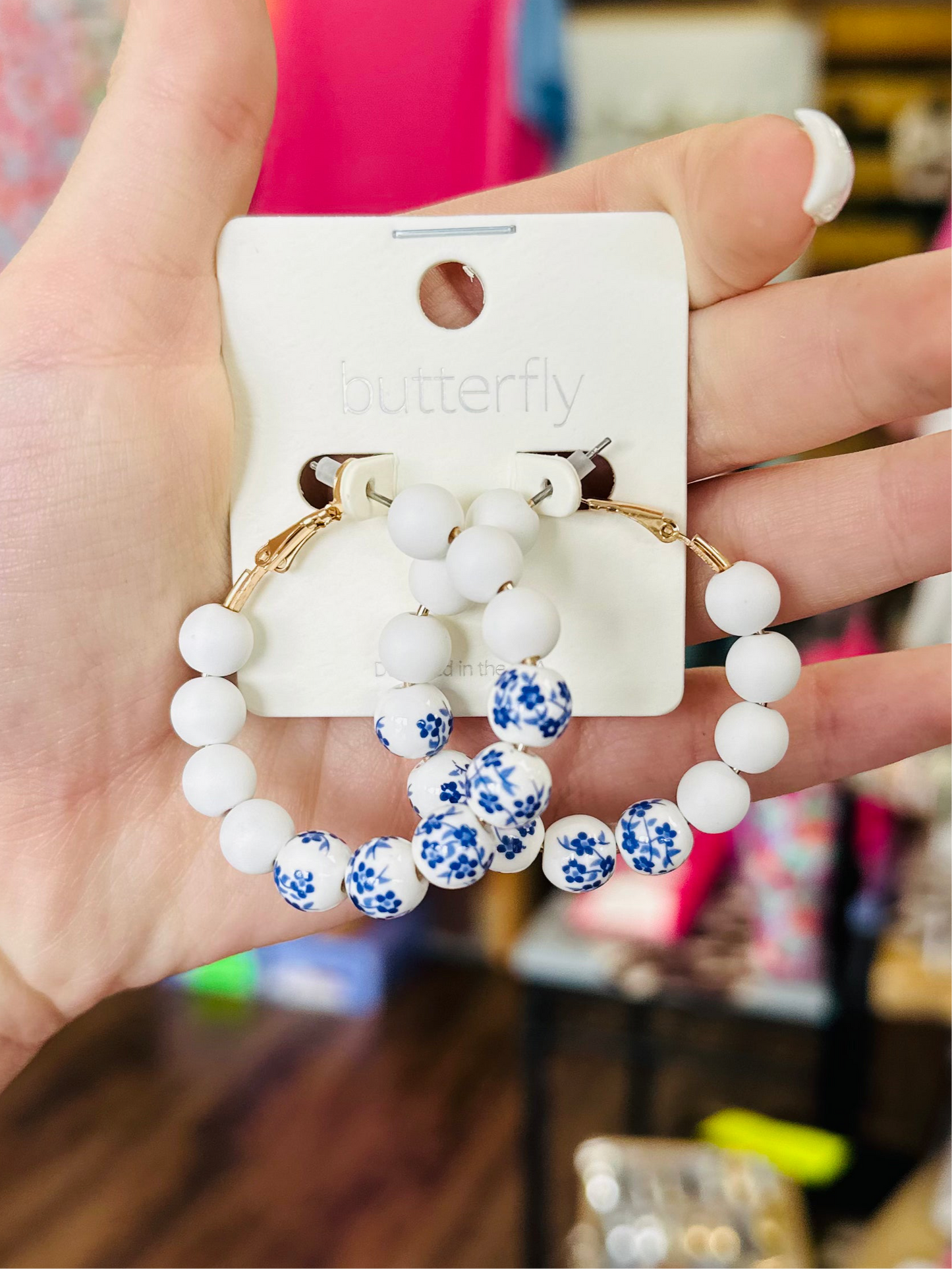 White and Blue Floral Beaded Hoop Earrings