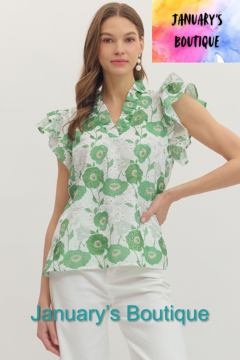 Women’s Entro Green & White Floral Top
