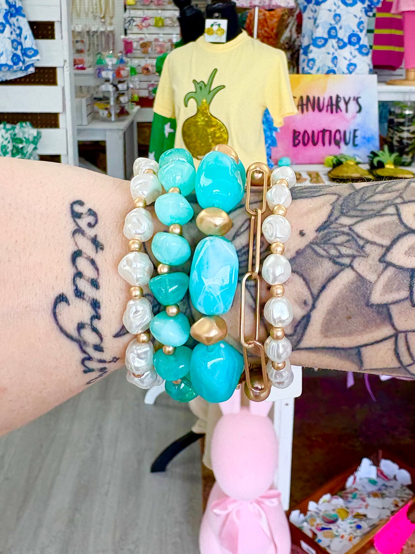 KK Teal Stone/ Pearl Bracelet Set