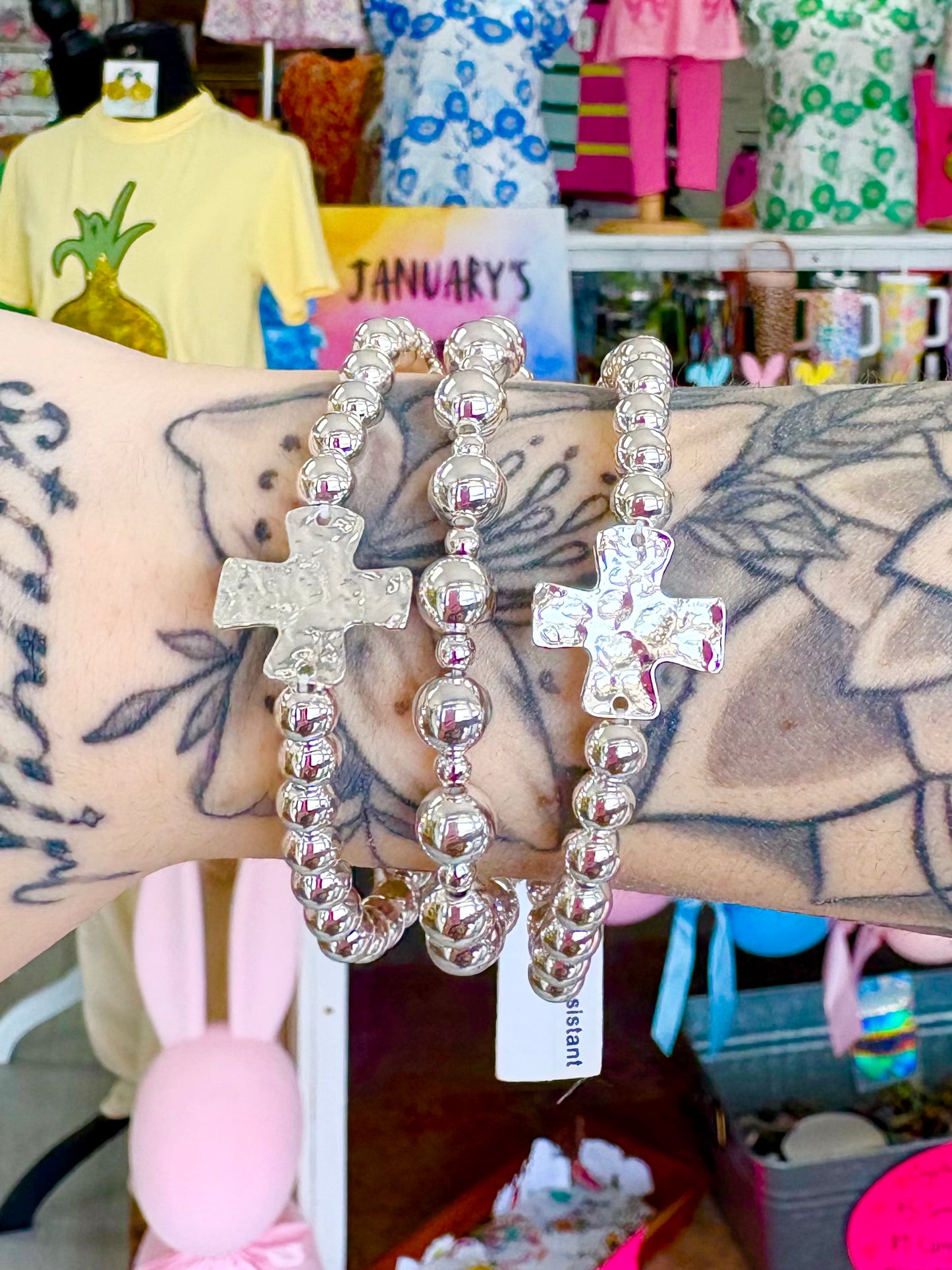 KK Silver Hammered Cross Bracelet Set