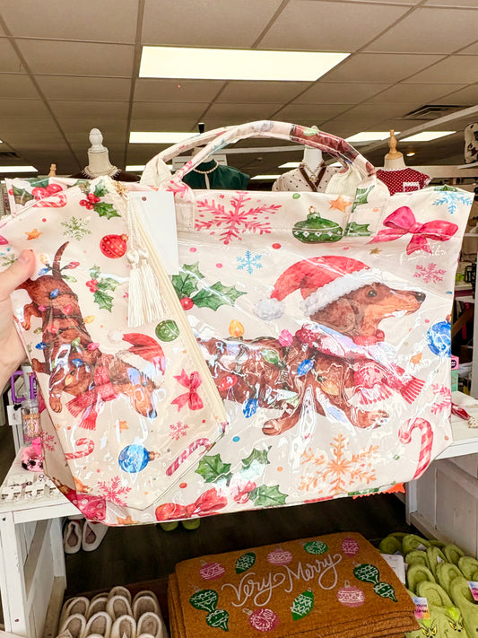 KK Christmas Dachshund Tote Bag W/ Matching Pouch