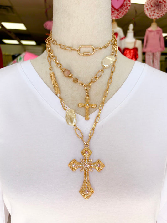 KK Cross Charm Multi Layered Statement Necklace