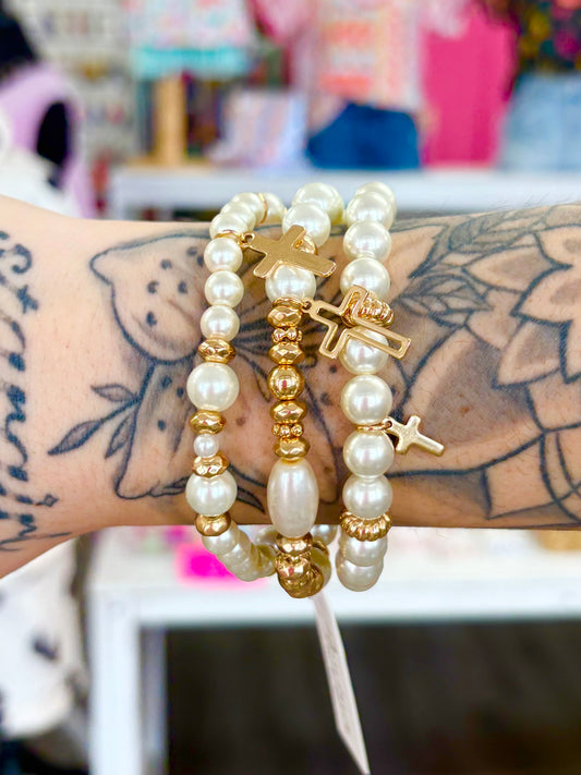 KK Gold/Pearl Beaded Cross Bracelet Set