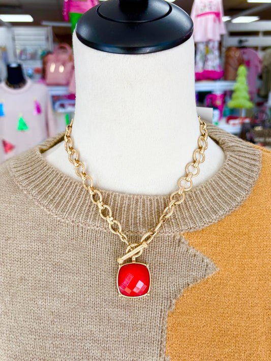 Red Square Stone Necklace