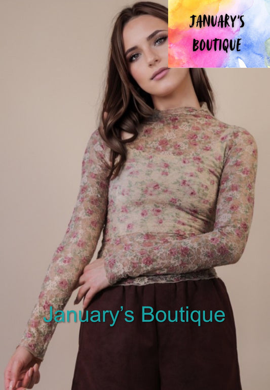 Women’s Beige Floral Sheer Top