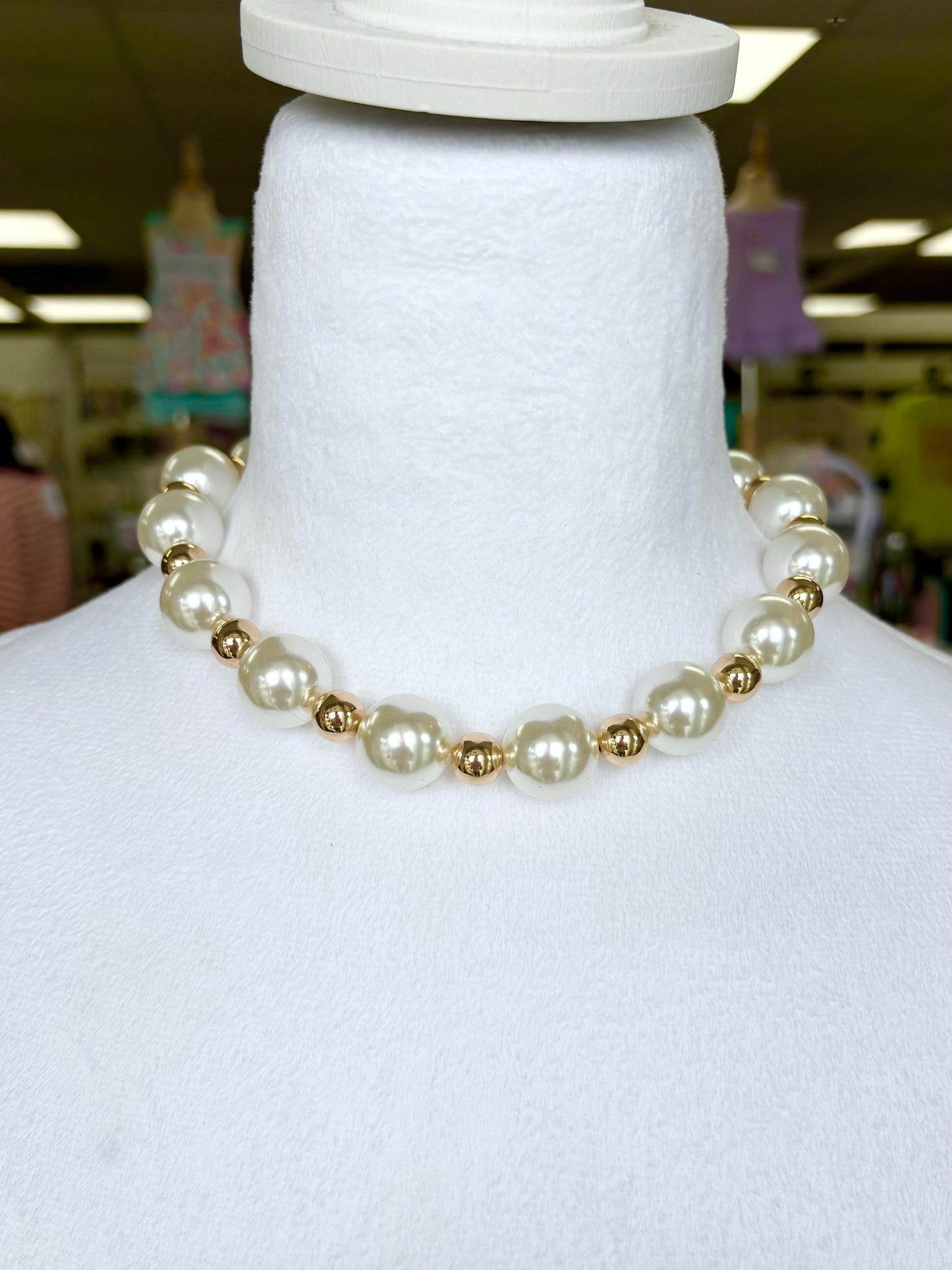 Gold Beaded Bulky Pearl Necklace