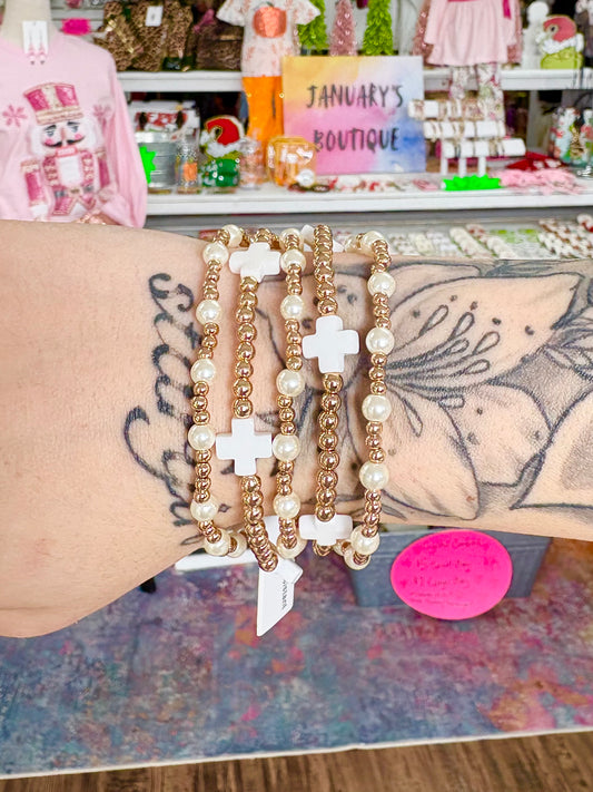 KK Gold/Pearl White Cross Beaded Bracelet Set