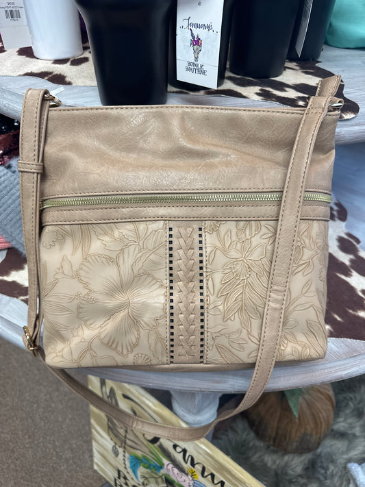 Tan Floral Embossed Handbag