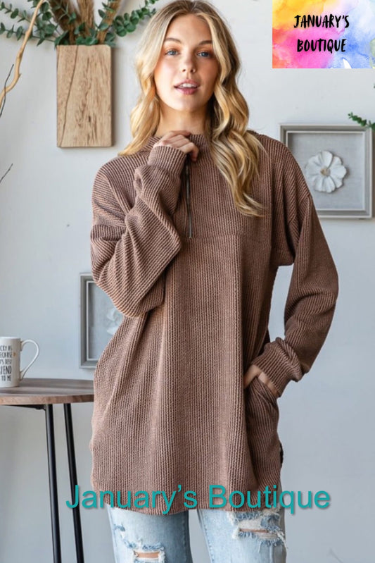Women’s Brown Ribbed Hooded Top