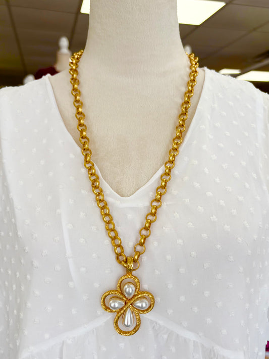 KK Long Matte Gold Twisted Pearl Cross Necklace