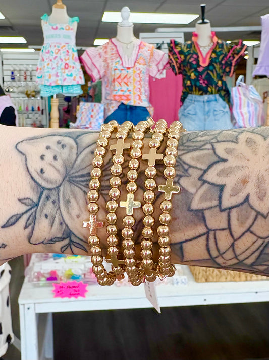 KK Polished Gold Cross Beaded Bracelet Set