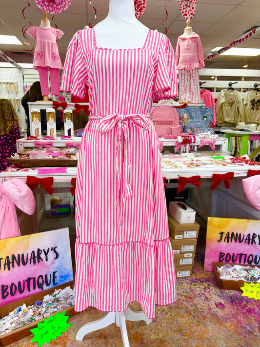 Pink Trim Striped Long Dress