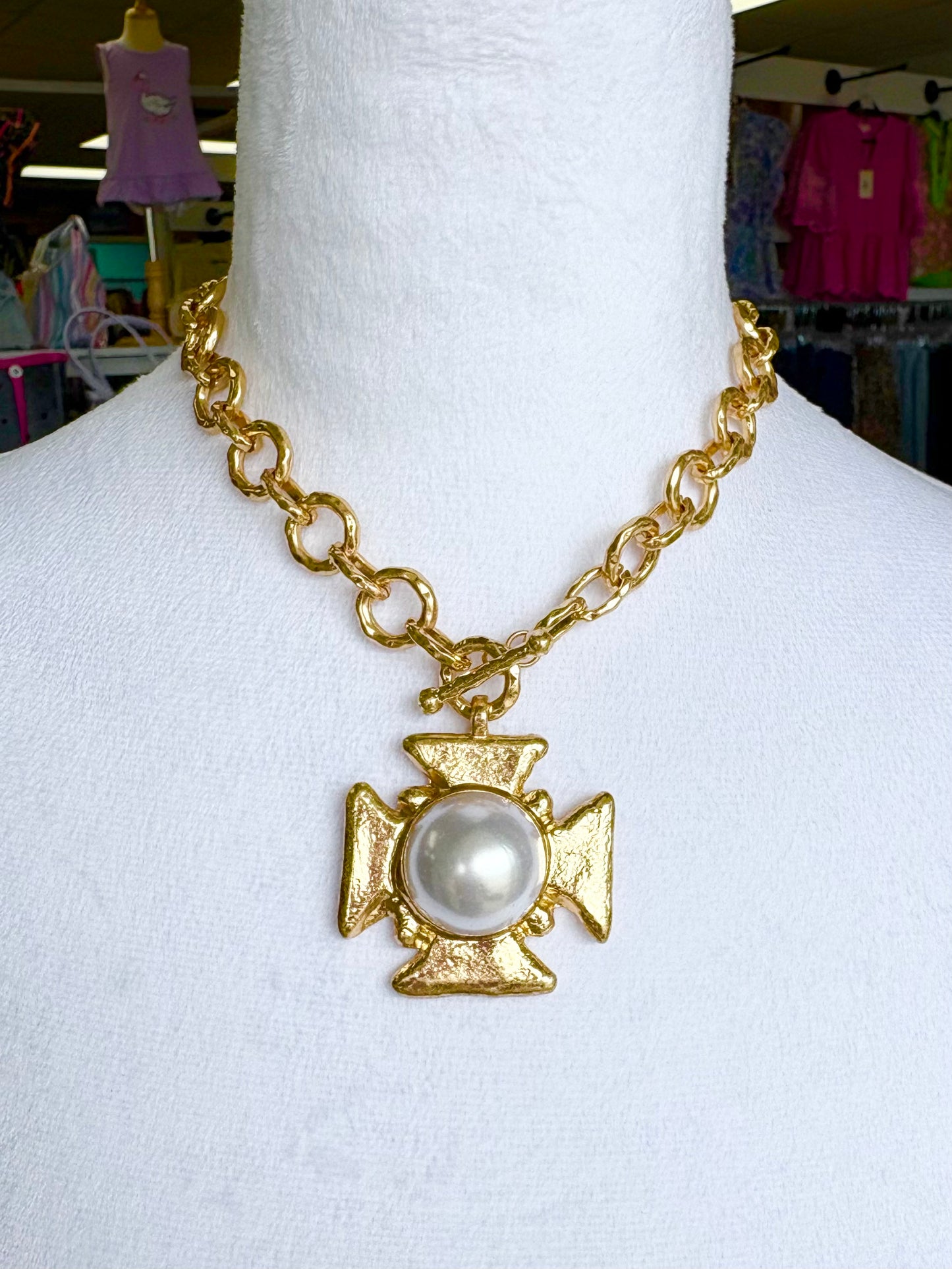 Matte Gold Pearl Cross Chain Necklace