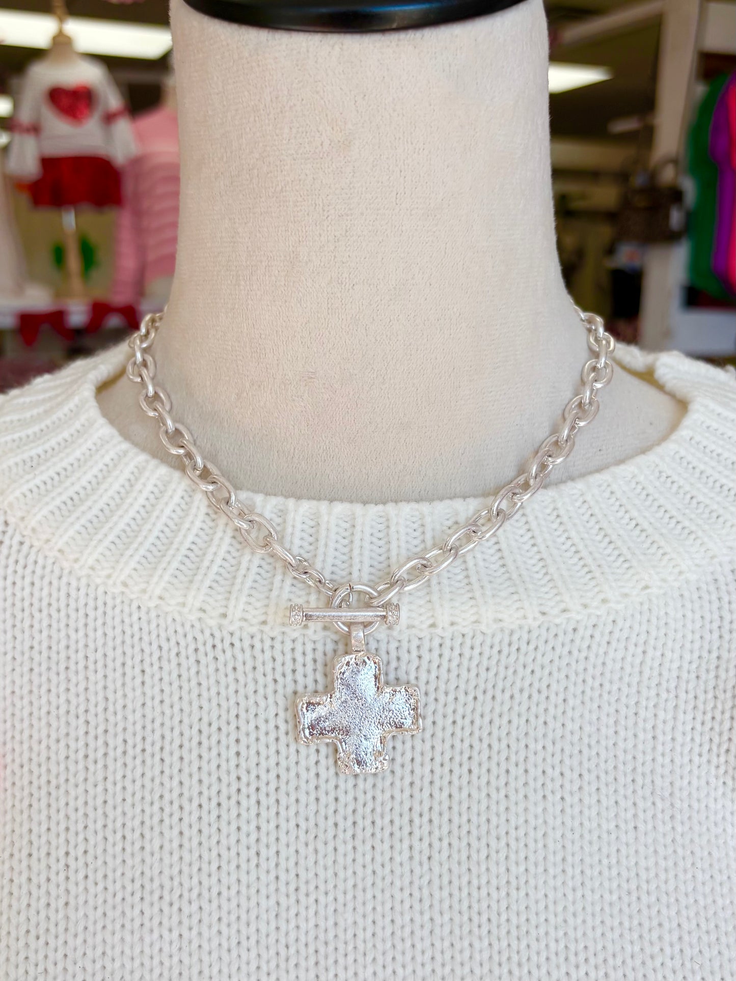 Silver Textured Cross Toggle Chain Necklace