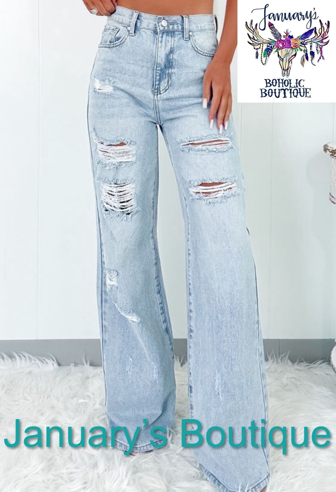 Women’s Light Washed Distressed High Waist Wide Leg Jeans