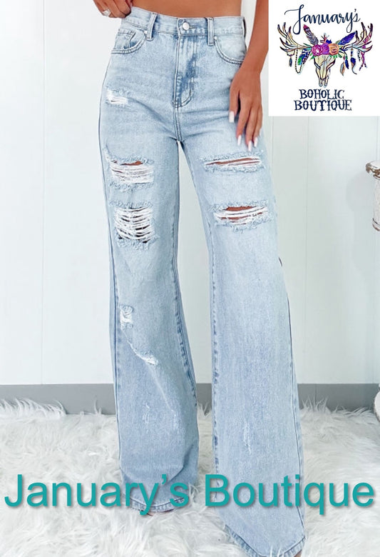 Women’s Light Washed Distressed High Waist Wide Leg Jeans