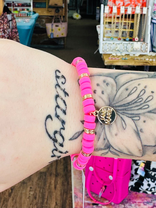 KK Jane Marie Hot Pink Rubber Beaded Bracelet with Gold Spacers