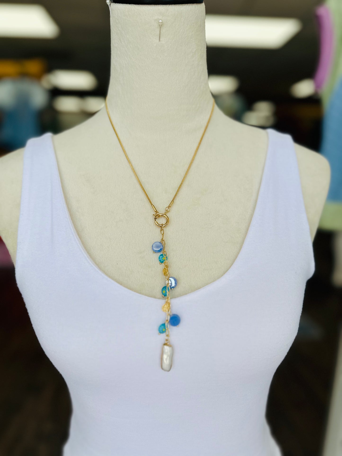 Blue Y-Shaped Stone/Pearl Necklace