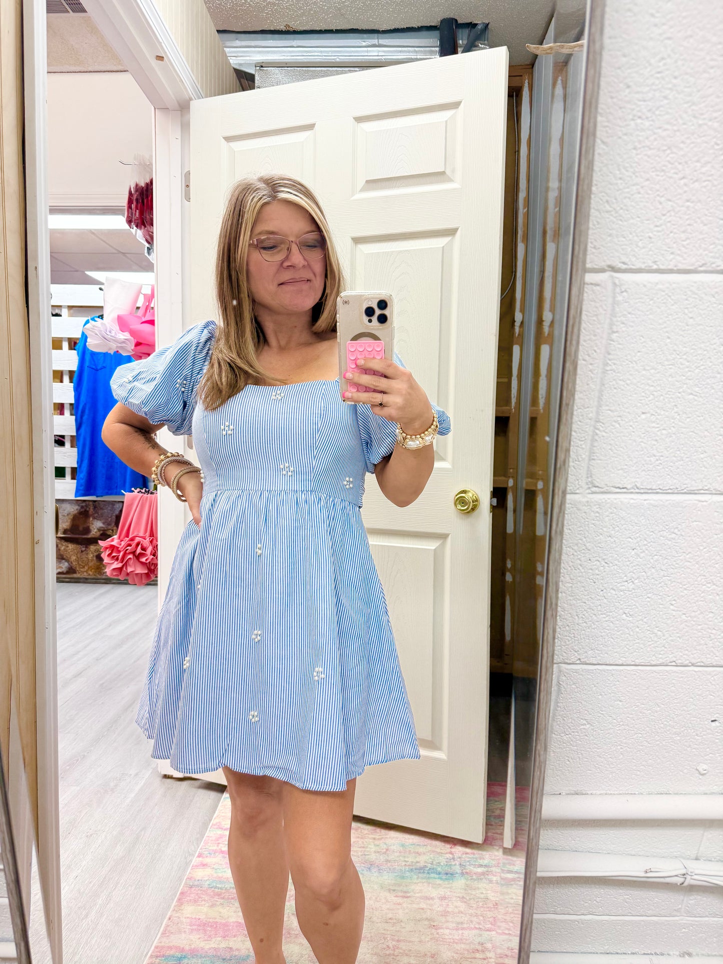 Women’s Peach Love Blue & White Striped With Pearls Dress