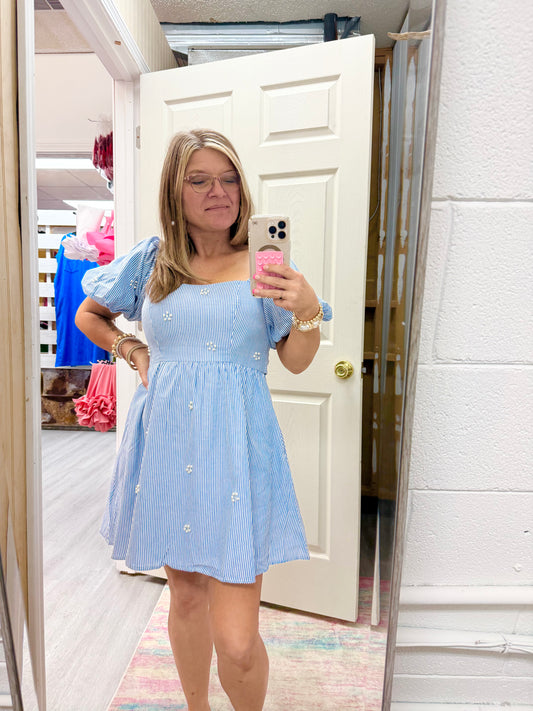 Women’s Peach Love Blue & White Striped With Pearls Dress