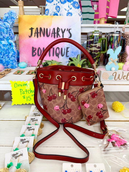 Dark Red Cherries Bucket Bag & Wallet