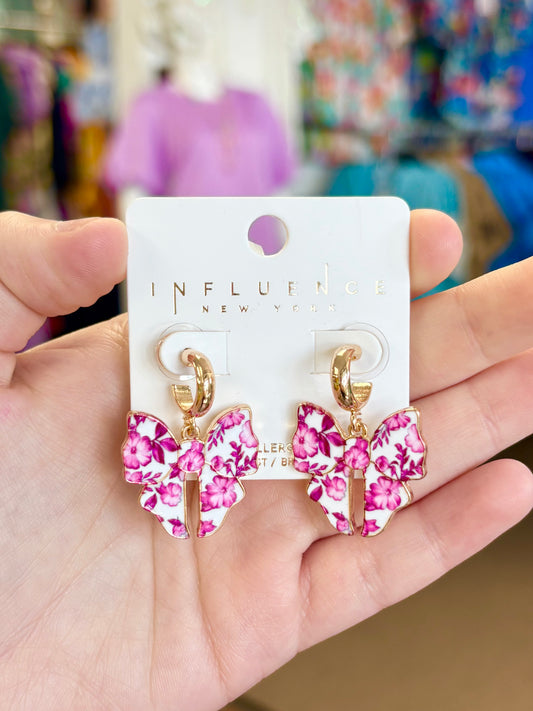 KK Pink Floral Bow Dangle Earrings