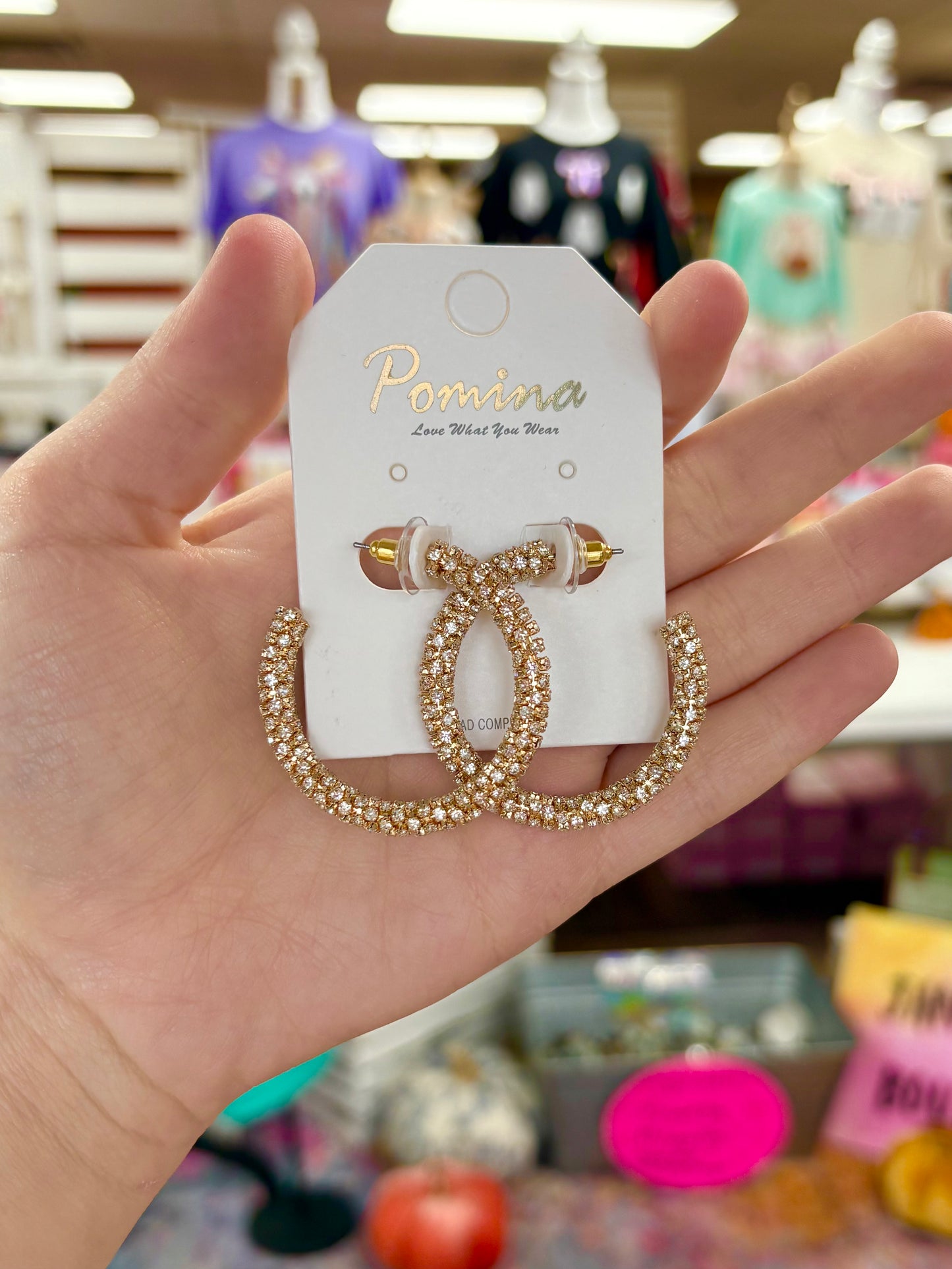 Gold Rhinestone Textured Hoops