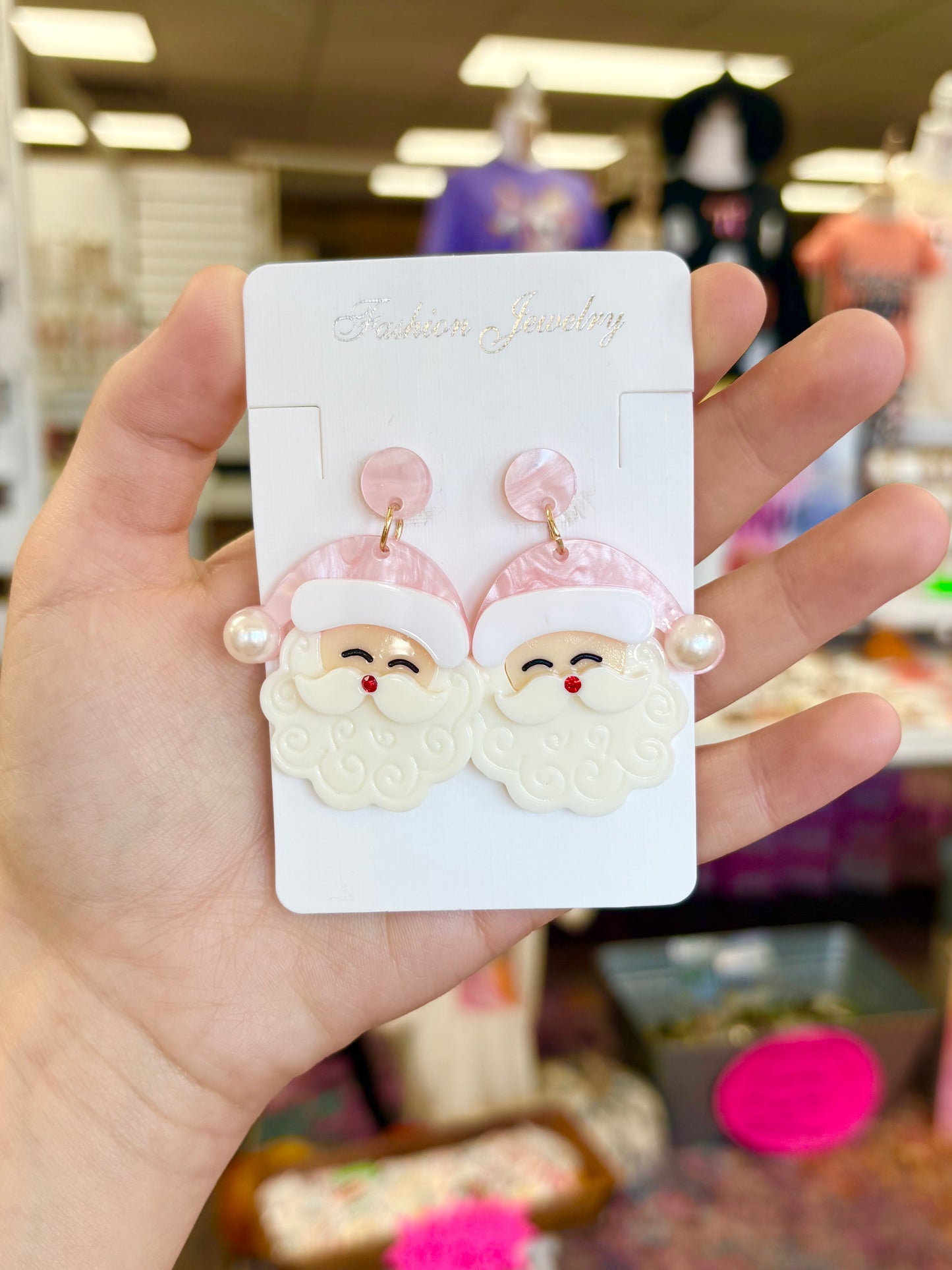 KK Pink Acrylic Santa Earrings