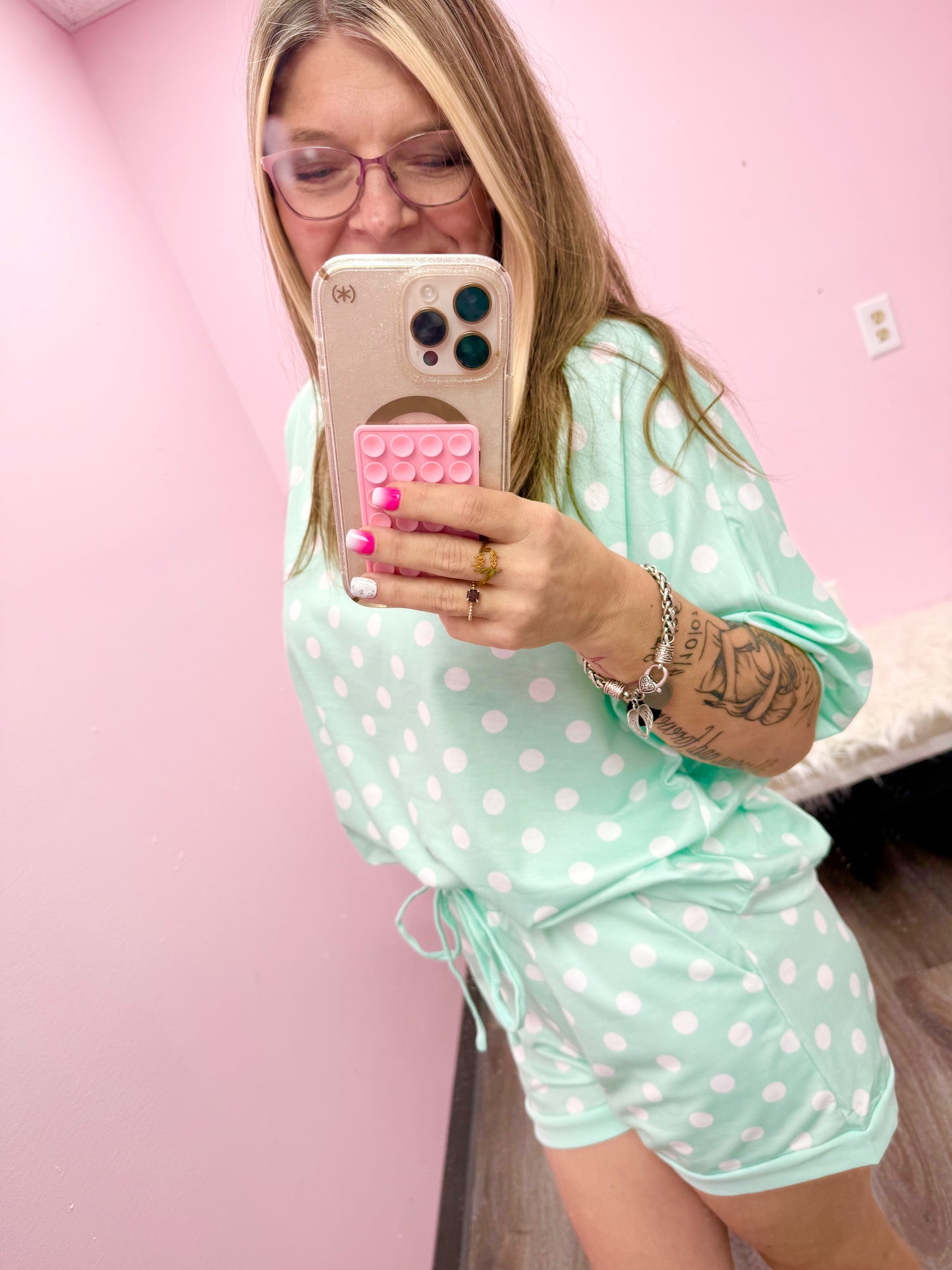 Women’s Mint Green Polka Dot Shorts Set
