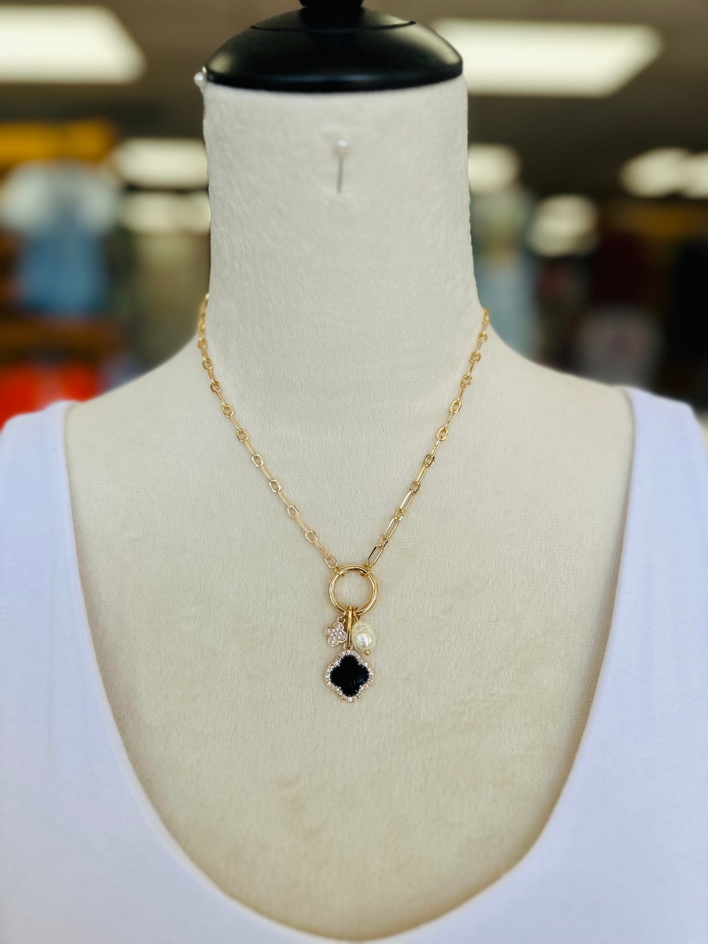 KK Black Rhinestone/Pearl Clover Necklace