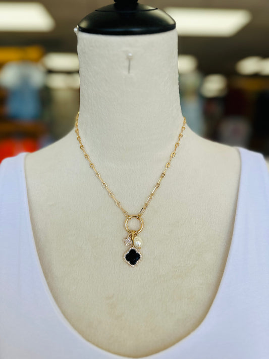KK Black Rhinestone/Pearl Clover Necklace