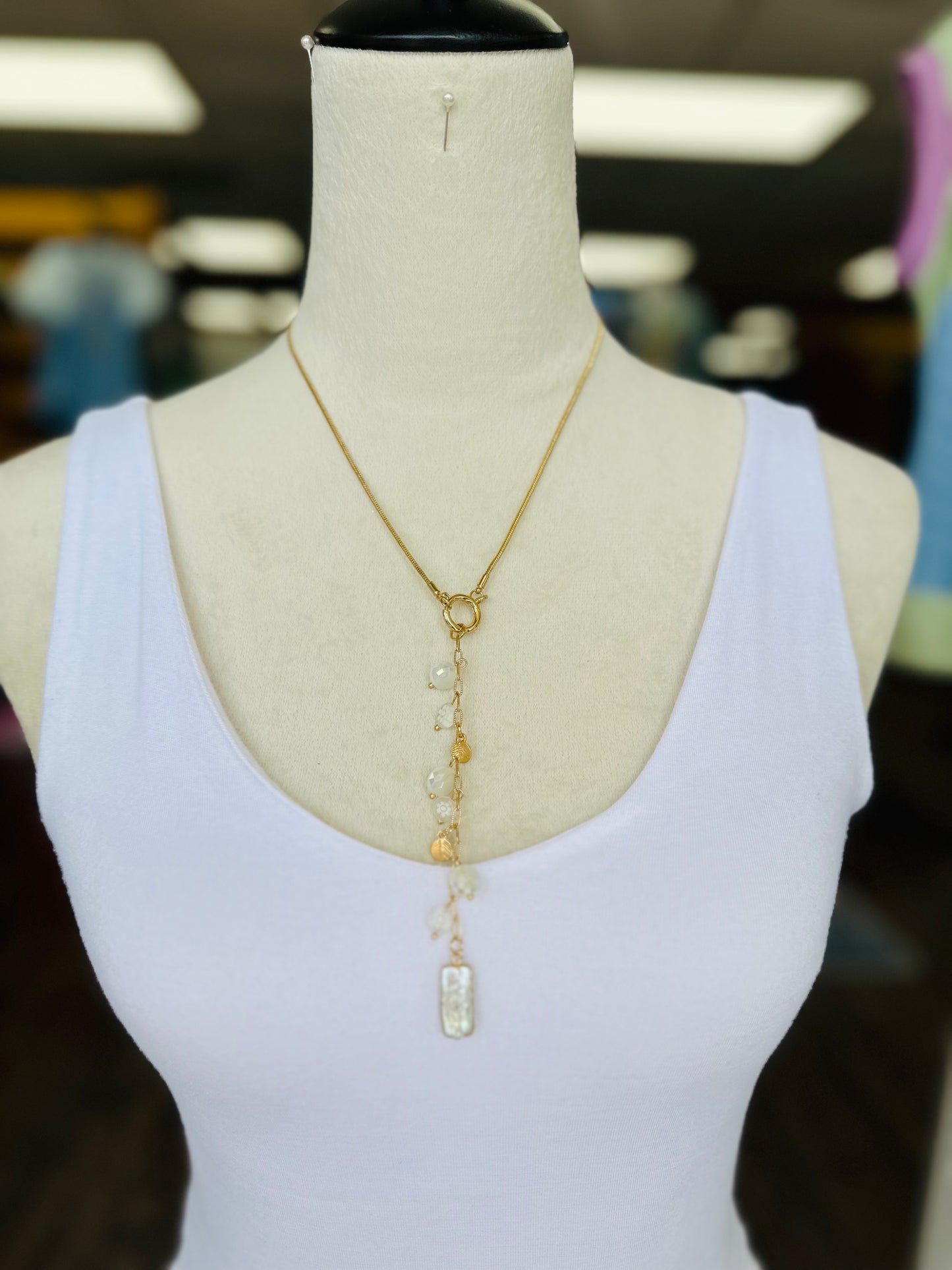 White Y-Shaped Stone/Pearl Necklace