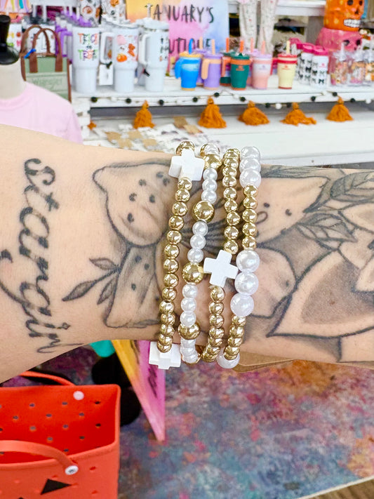 KK Gold & Pearl White Cross Bracelet Set