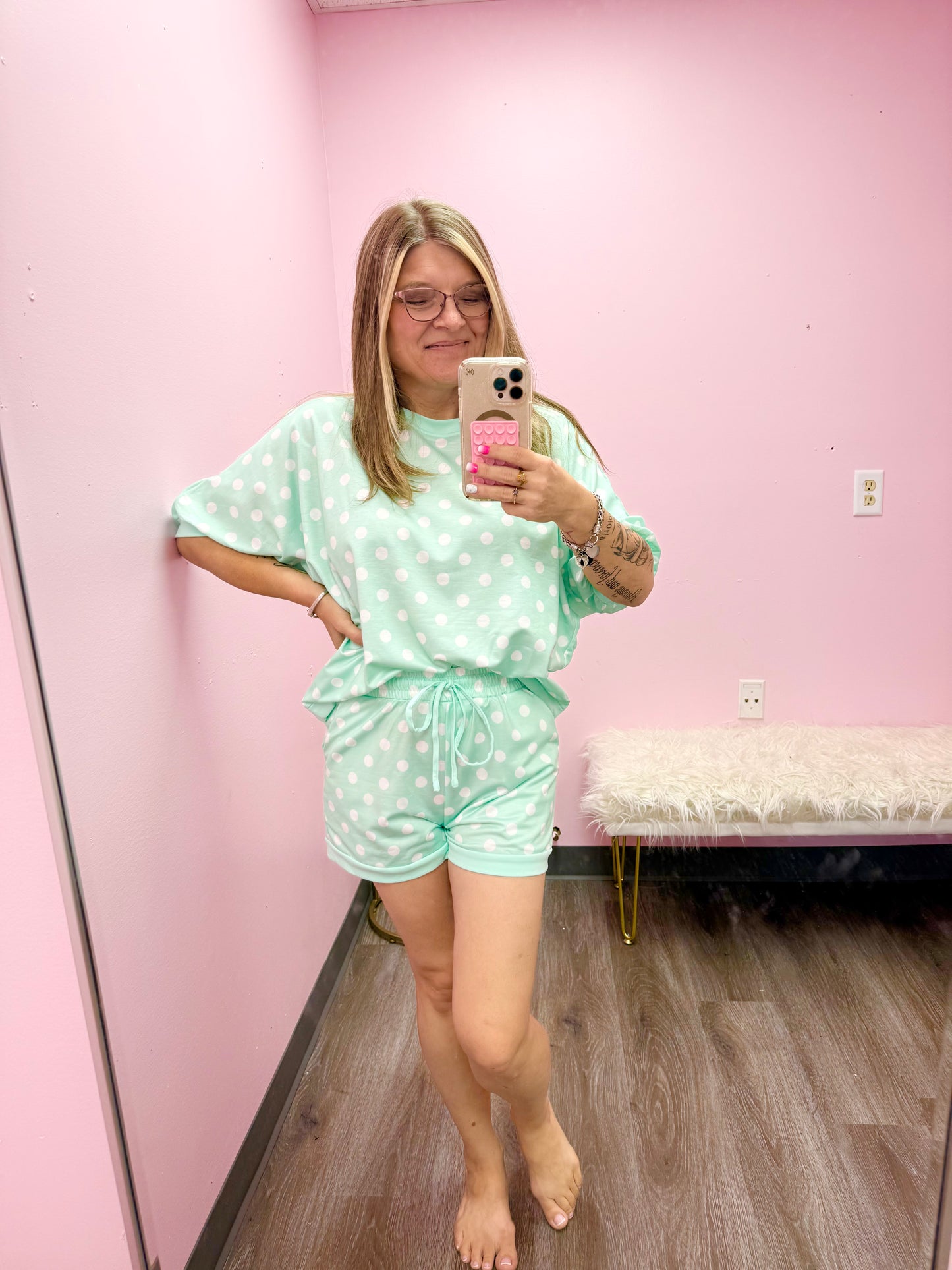 Women’s Mint Green Polka Dot Shorts Set