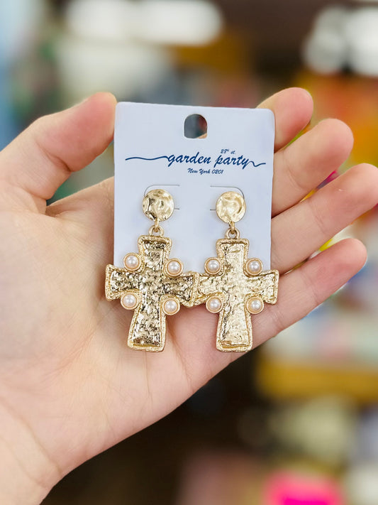 Hammered Cross Chain Earrings W/ Pearl Accent